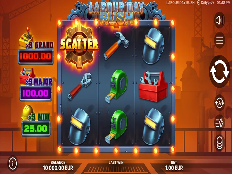 Labour Day Rush slot by OnlyPlay — industrial factory with glowing machinery